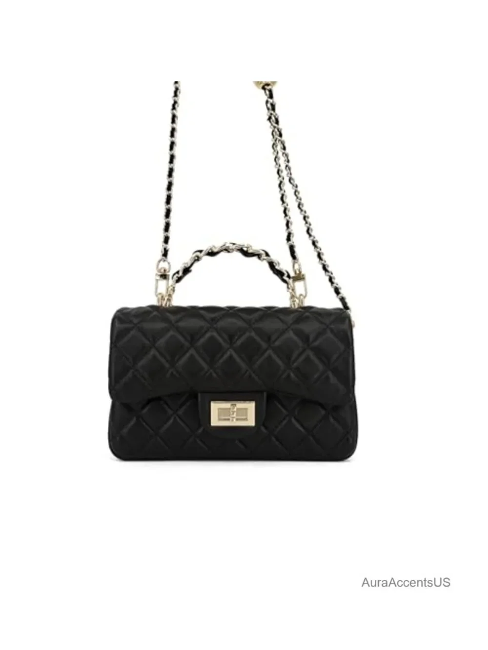 Quilted Leather Crossbody Bag with Gold Chain Strap and Top Handle
